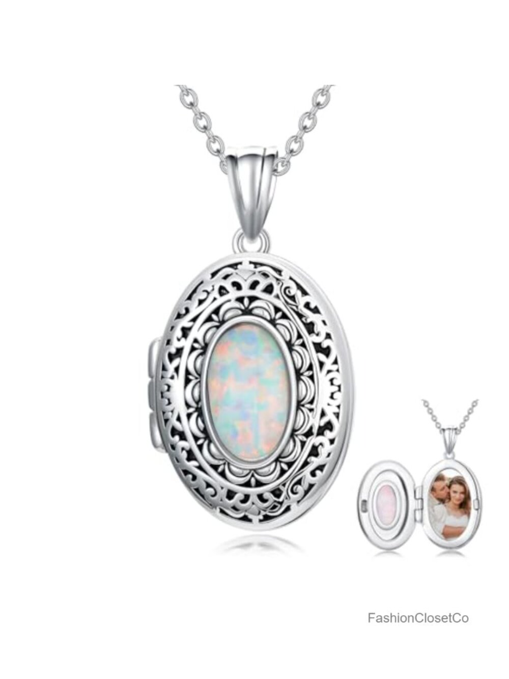 925 Sterling Silver Opal Locket Necklace